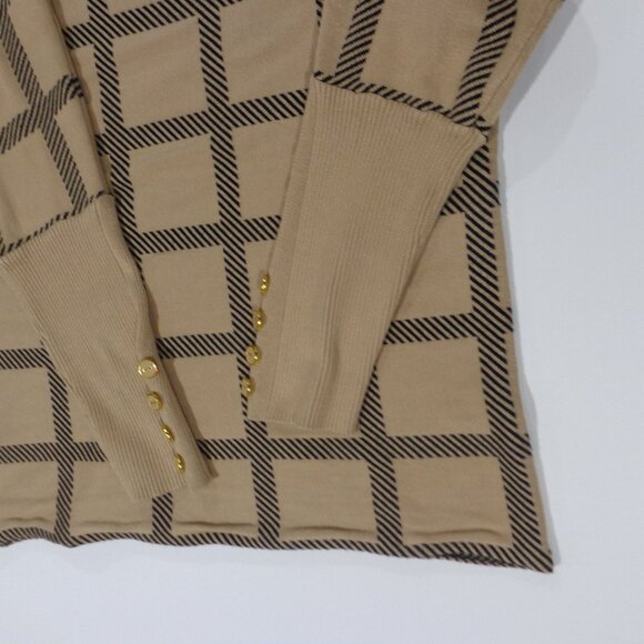 Cable & Gauge Women's Plaid Sweater Tan Black Button Cuffs 3/4 Long Sleeves Sz M - Picture 6 of 7
